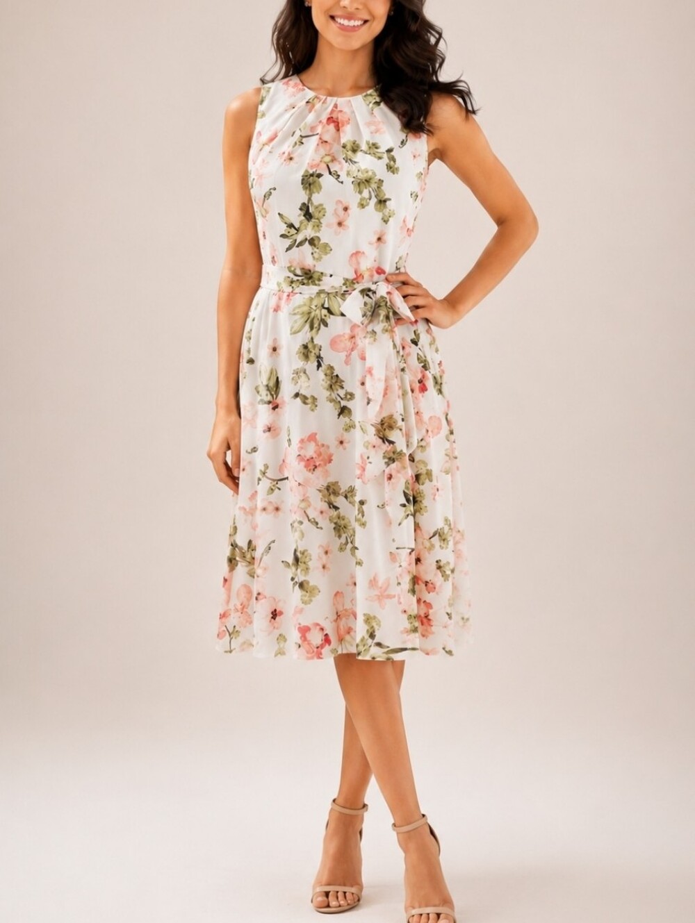 JH Sleeveless Floral Tie-Waist Fit & Flare Chiffon Dress Cream Pink Size 8